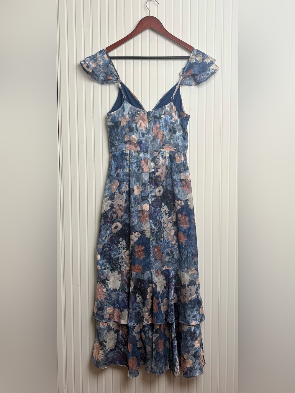 Blue Floral V-Neck Ruffle Maxi Dress